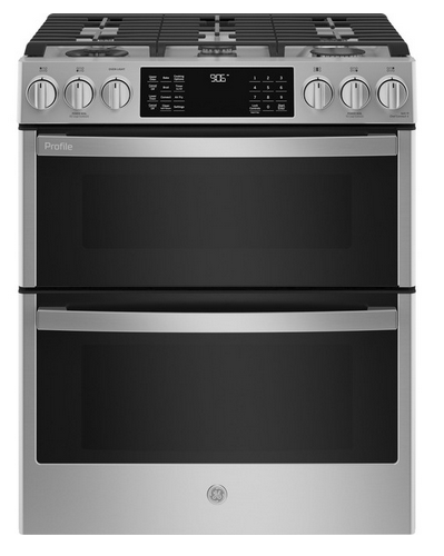 Profile 30 inc. 5 Burner Smart Slide-in Double Oven Gas Range in Fingerprint Resistance Stainless Steel with True Convection