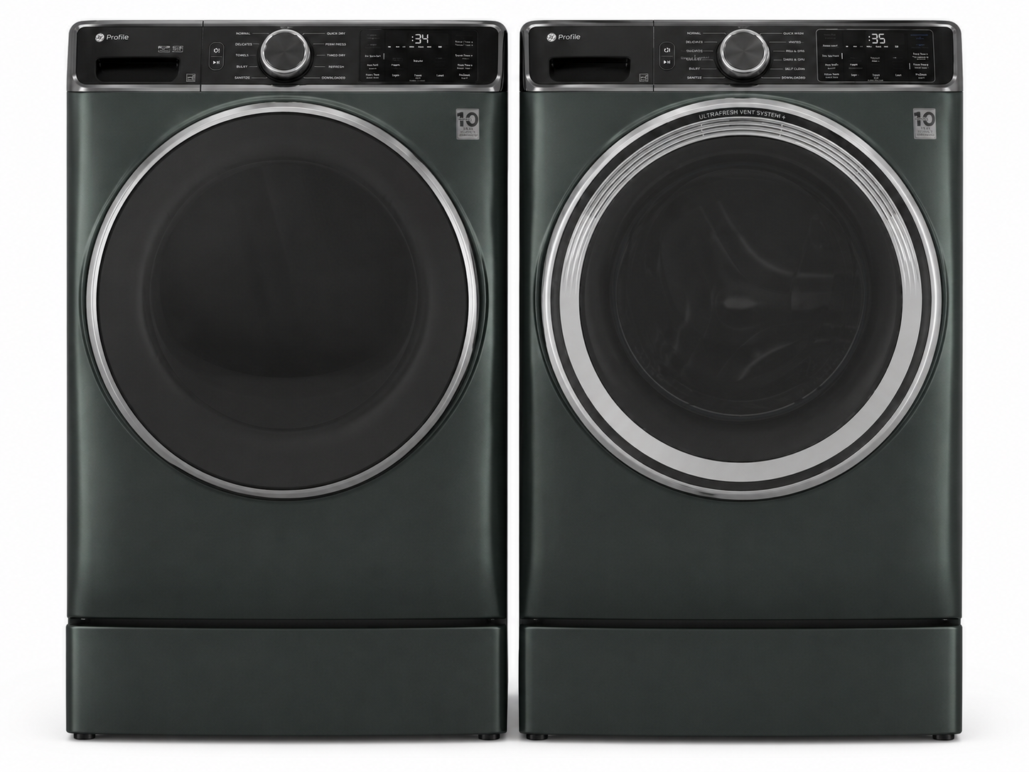 image GE Profile 5.5 cu.ft. Capacity Smart Front Load Energy Star Steam Washer with UltraFresh Vent System+ and Smart Wash & Smart Rinse/GE Profile Energy Star 7.8cu.ft. Capacity Smart Front Load Electric Dryer with Steam and Sanitize Cycle (FREE MATCHING PEDESTAL INCLUDED) - Image 1